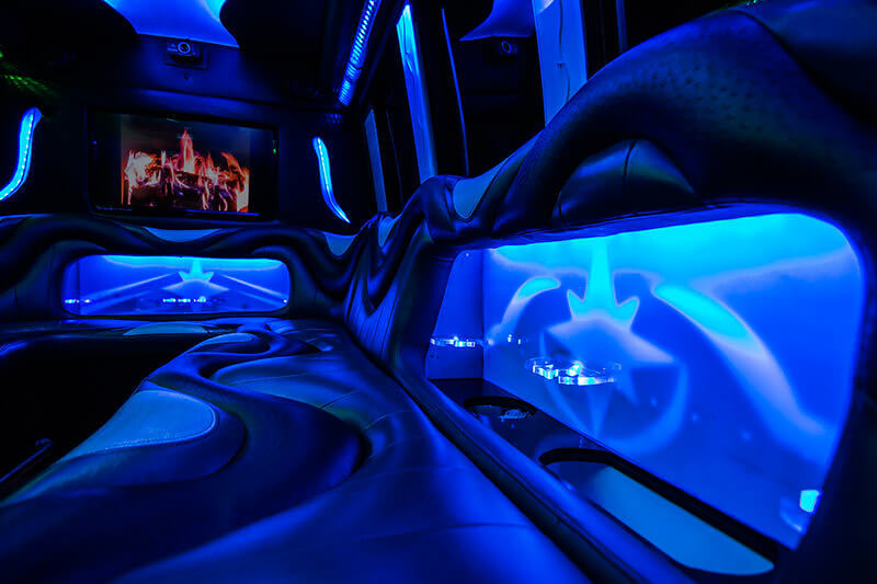 Plush leather seats in a party bus